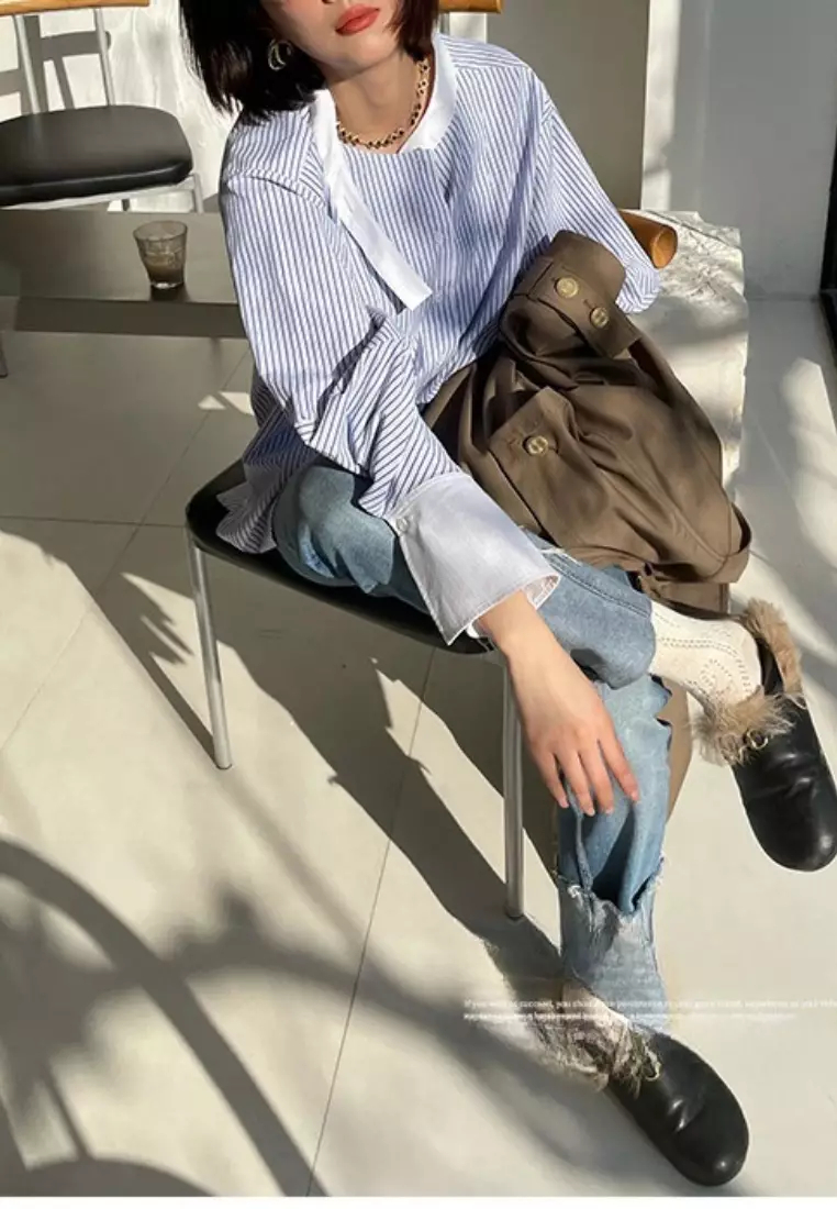 New refreshing and simple straight air pattern long-sleeved shirt top K092506