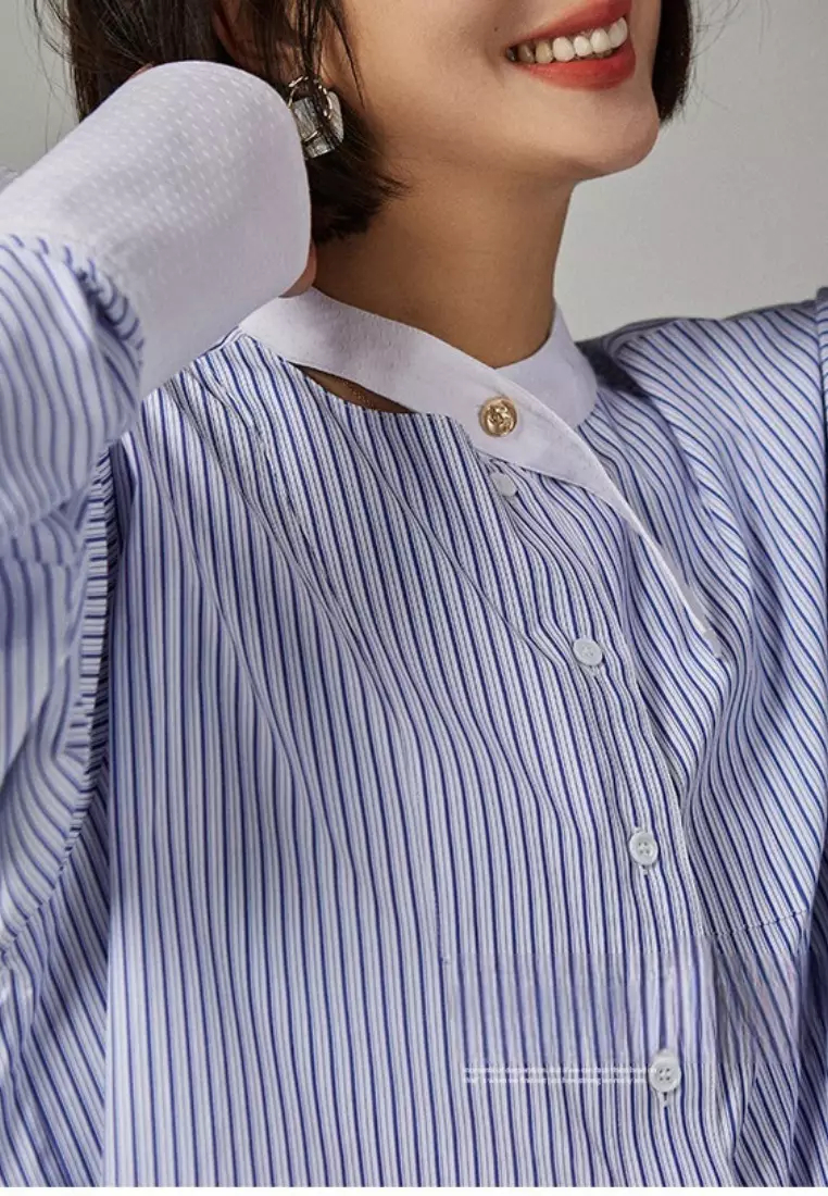 New refreshing and simple straight air pattern long-sleeved shirt top K092506