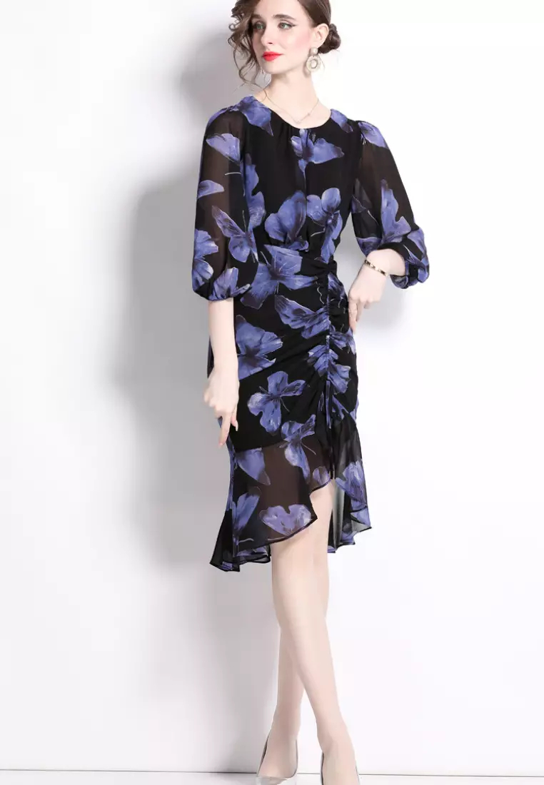 2024 new sweet butterfly pattern chiffon lotus leaf dress K071709BL