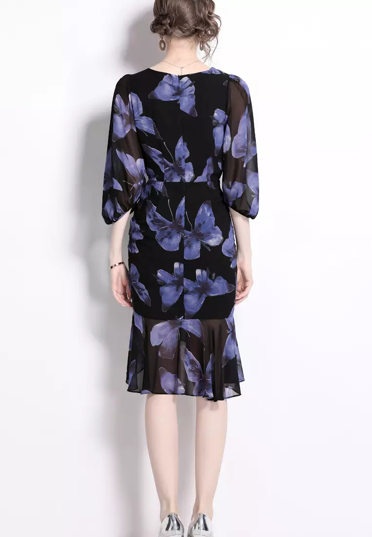 2024 new sweet butterfly pattern chiffon lotus leaf dress K071709BL