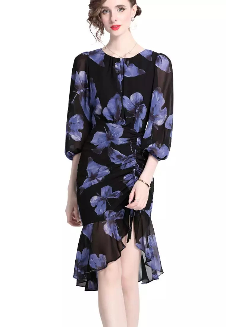 2024 new sweet butterfly pattern chiffon lotus leaf dress K071709BL