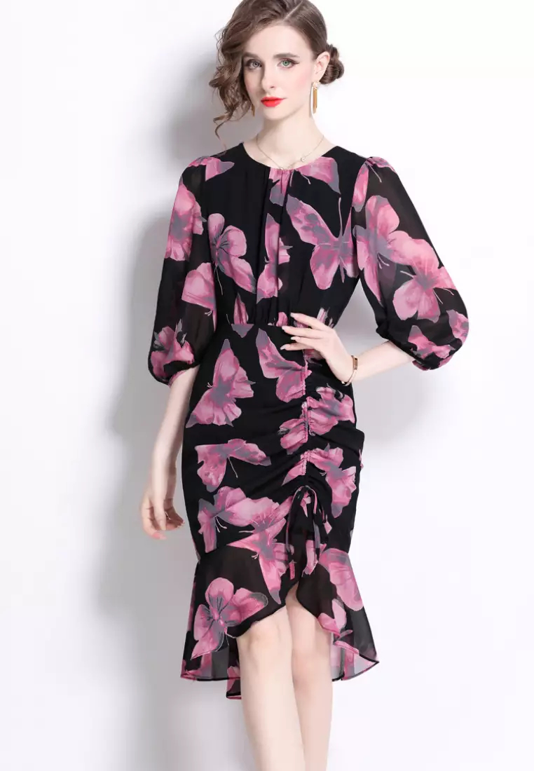 2024 new sweet butterfly pattern chiffon lotus leaf dress K071709BL