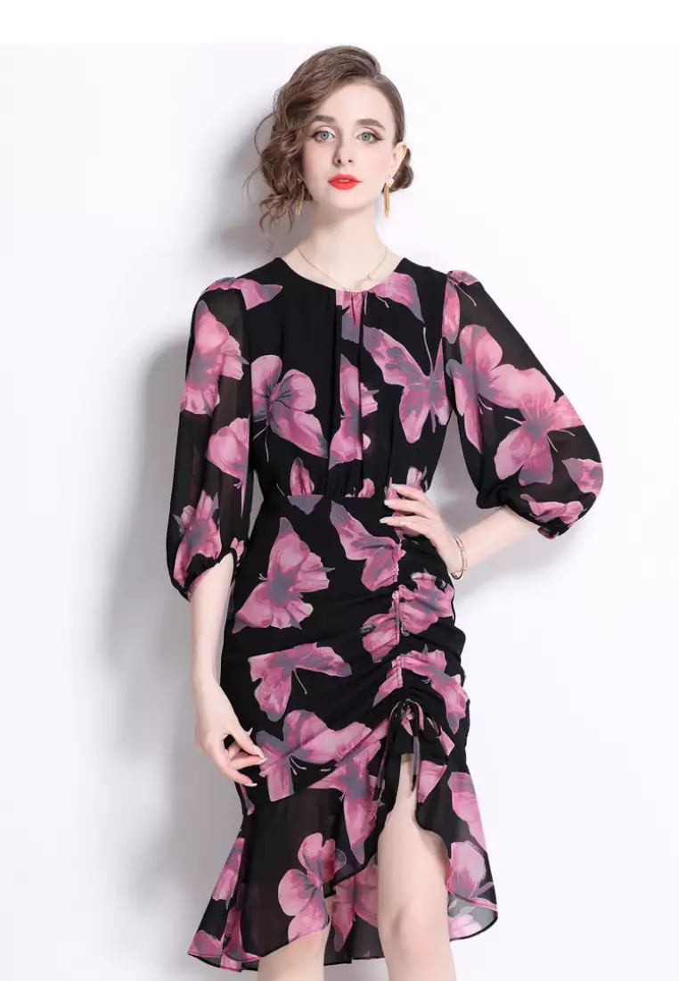 2024 new sweet butterfly pattern chiffon lotus leaf dress K071709BL