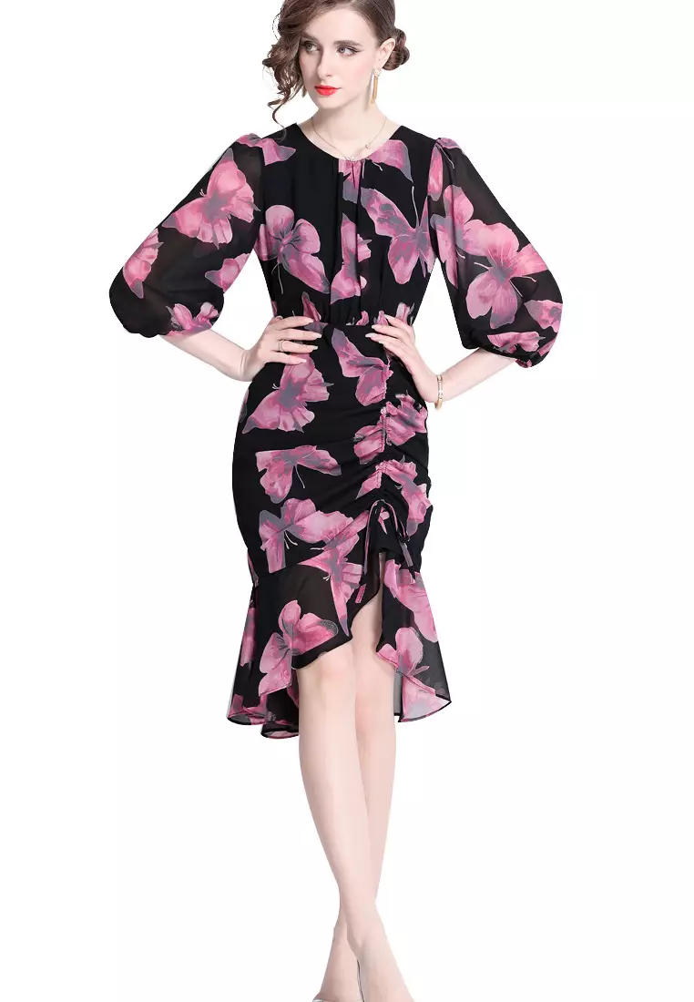 2024 new sweet butterfly pattern chiffon lotus leaf dress K071709BL