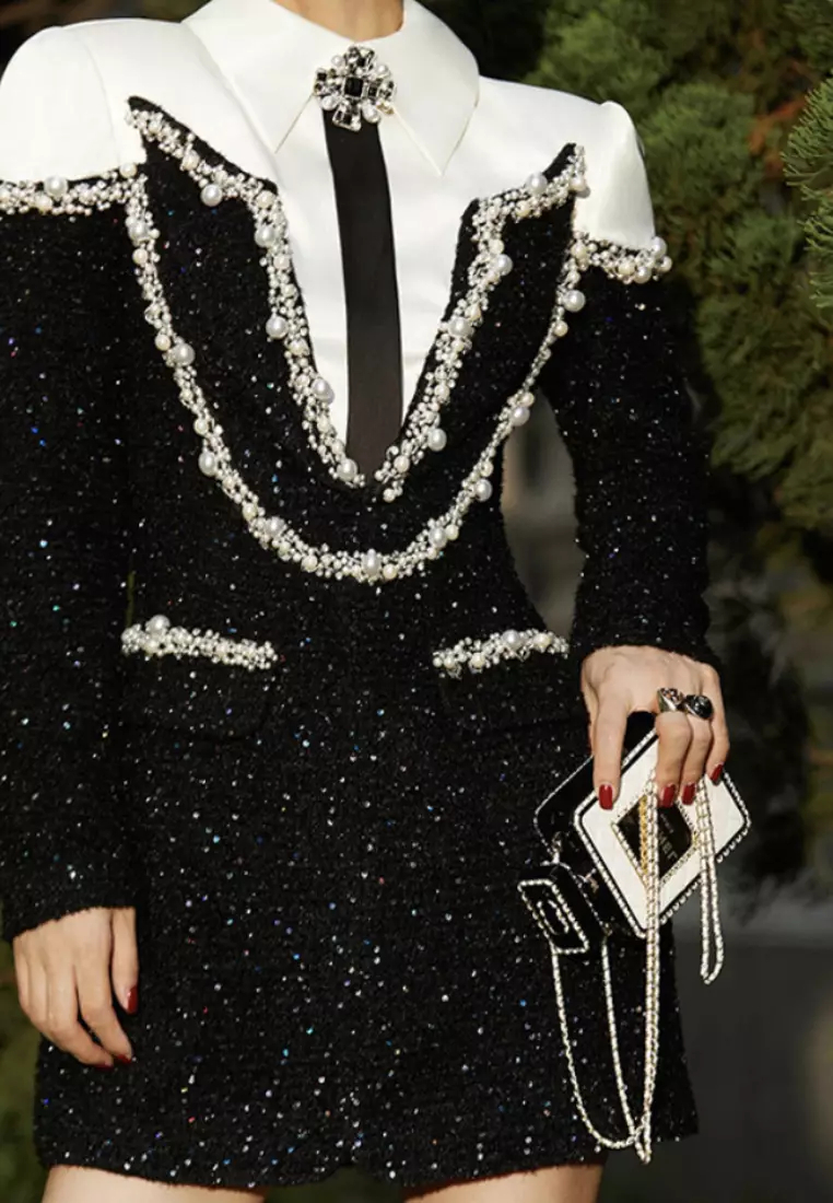 New light luxury heavy-duty beaded long-sleeved A-line dress K100212