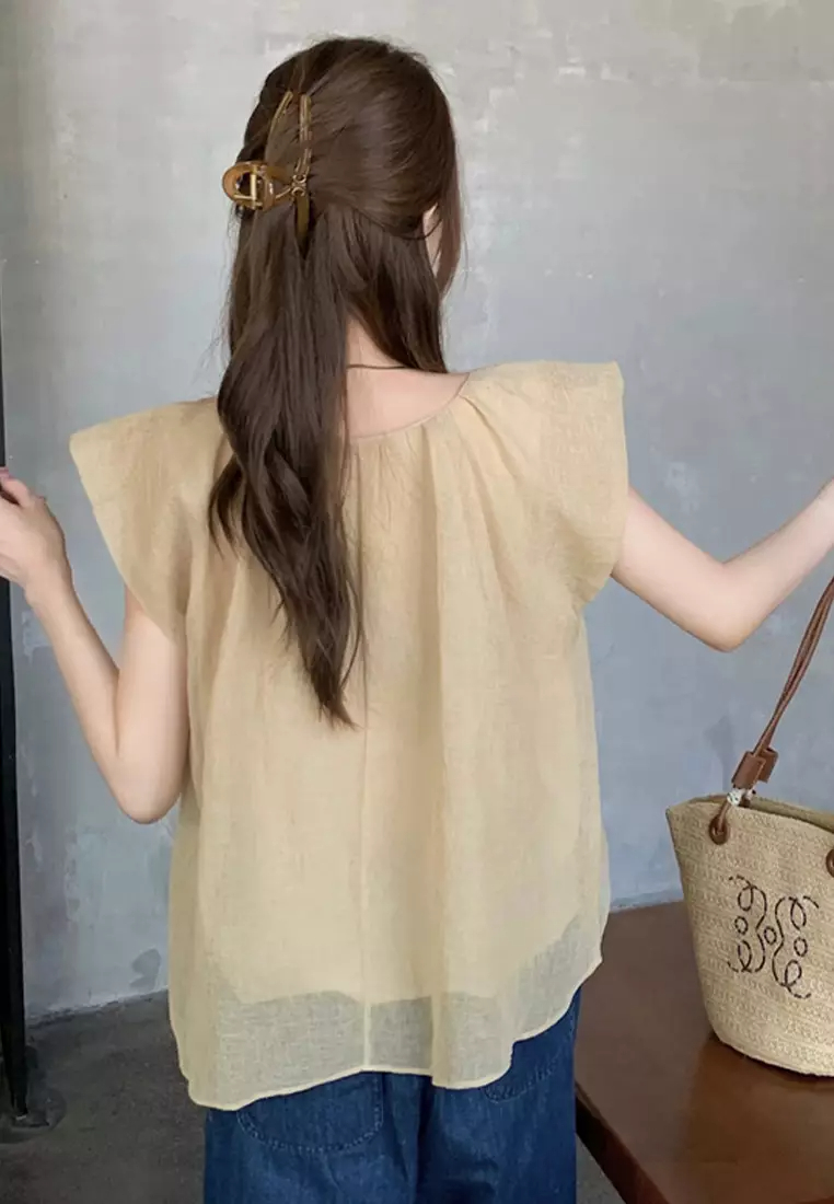 2024 minimalist loose solid color shirt cotton linen round neck top CA24061812YE