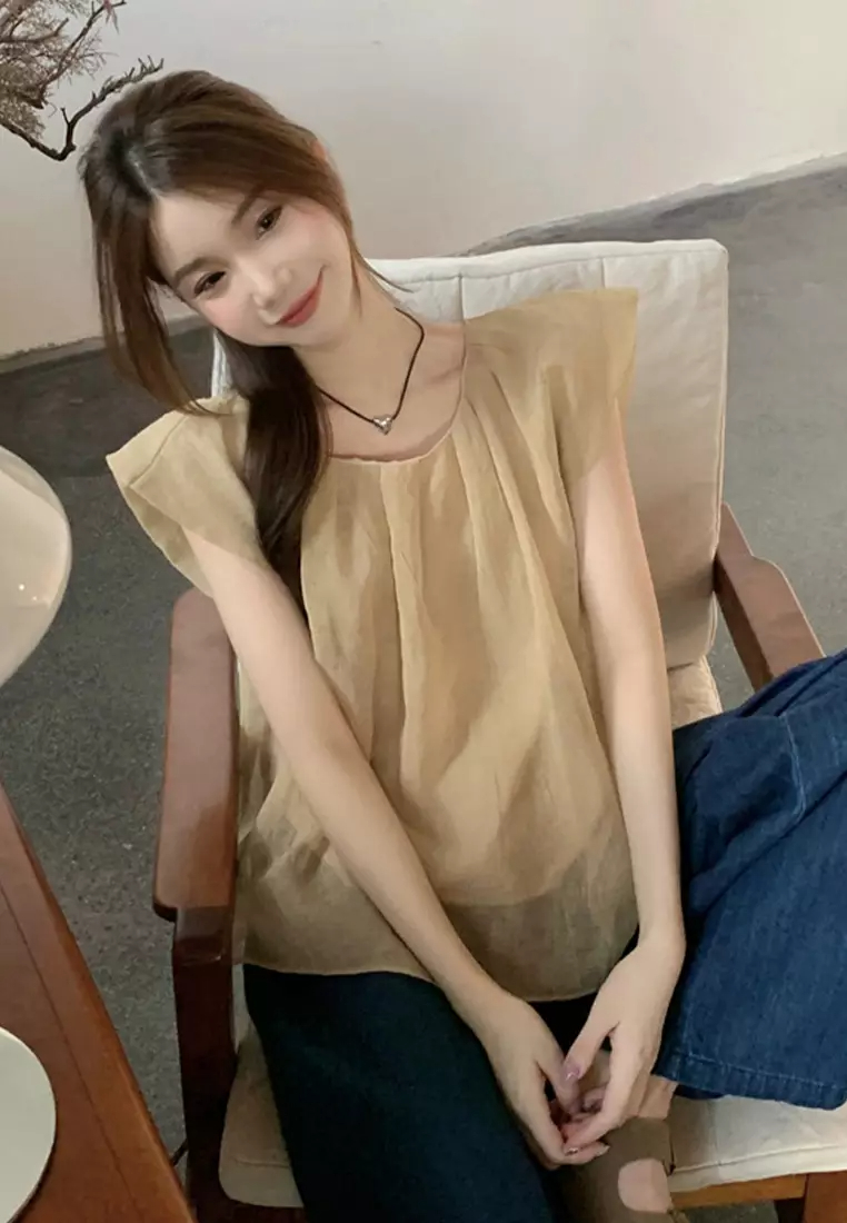 2024 minimalist loose solid color shirt cotton linen round neck top CA24061812YE
