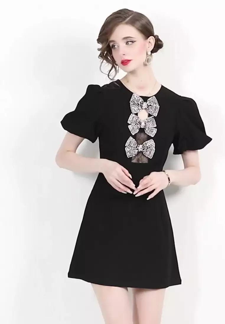 2024 New Style Elegant Three-Dimensional Rhinestone Bowknot Black Dress K071504