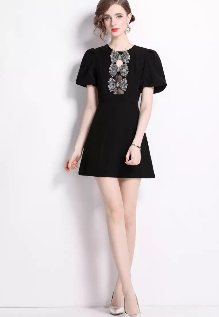 2024 New Style Elegant Three-Dimensional Rhinestone Bowknot Black Dress K071504