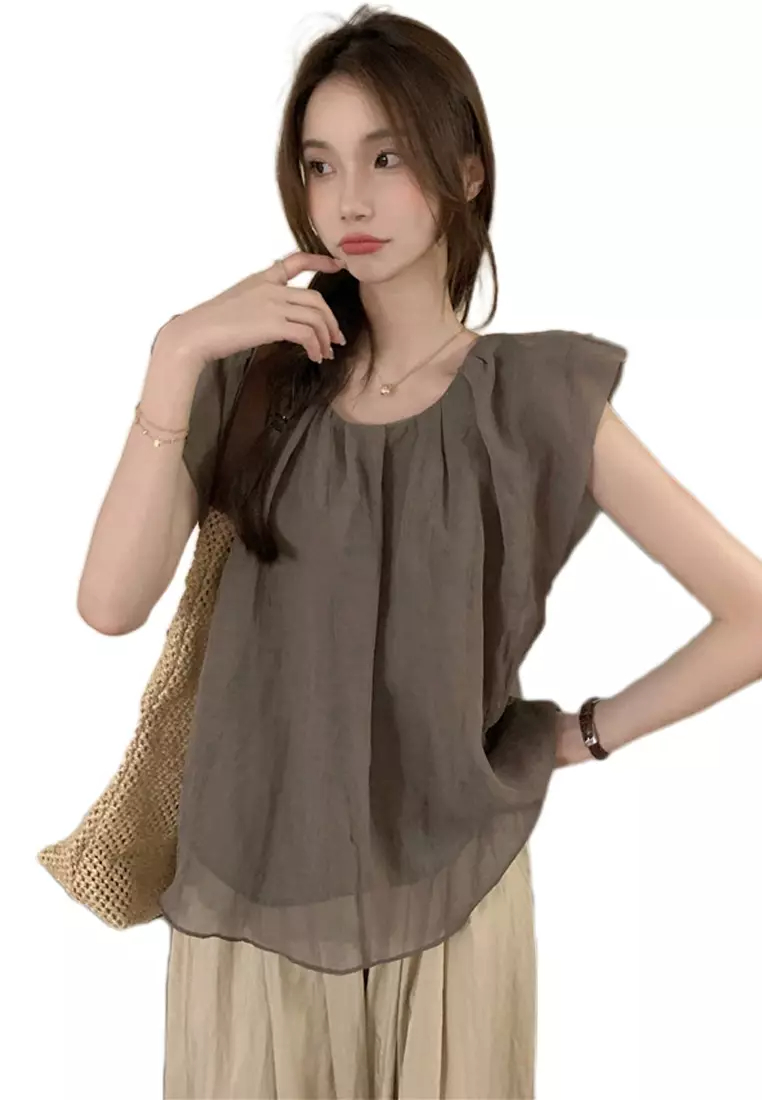 2024 minimalist loose solid color shirt cotton linen round neck top CA24061812YE