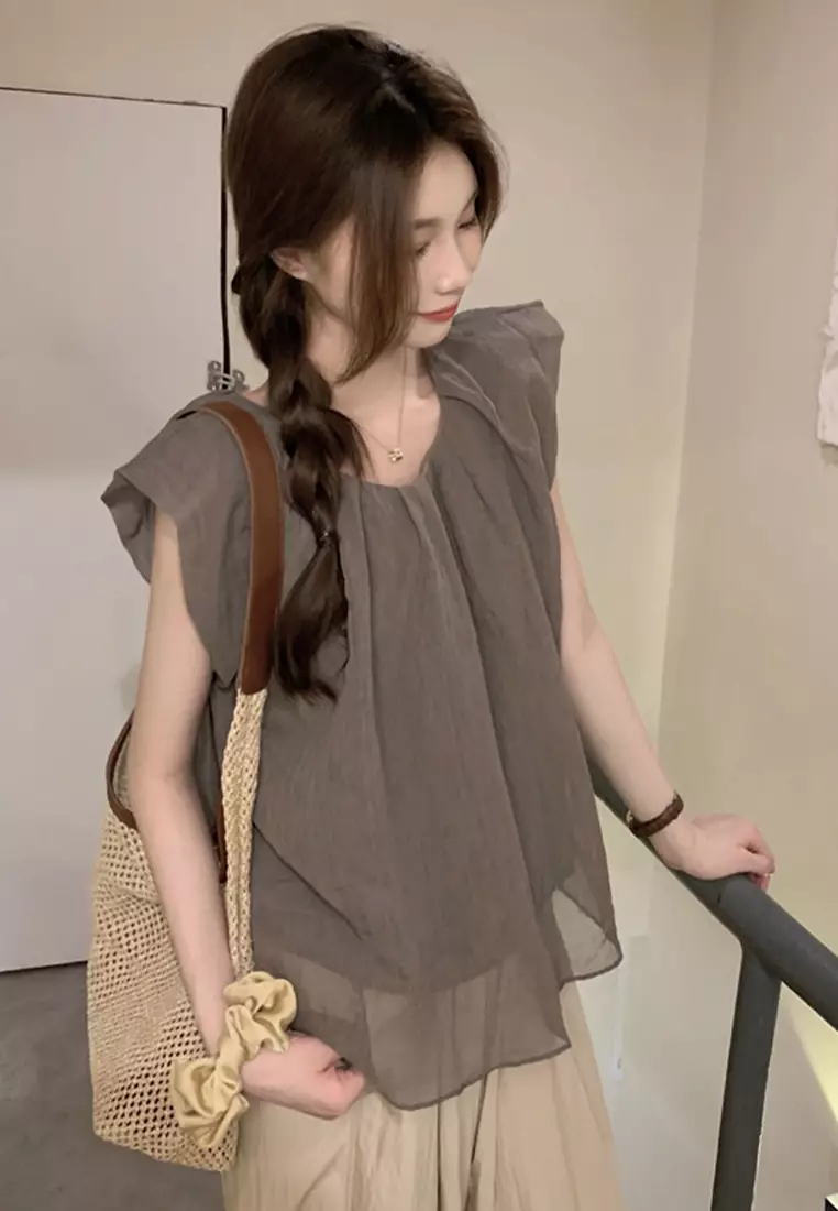 2024 minimalist loose solid color shirt cotton linen round neck top CA24061812YE