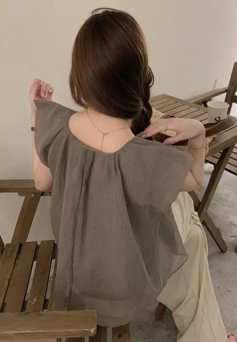 2024 minimalist loose solid color shirt cotton linen round neck top CA24061812YE