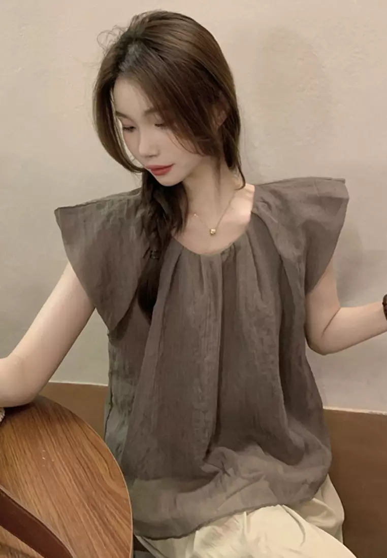 2024 minimalist loose solid color shirt cotton linen round neck top CA24061812YE