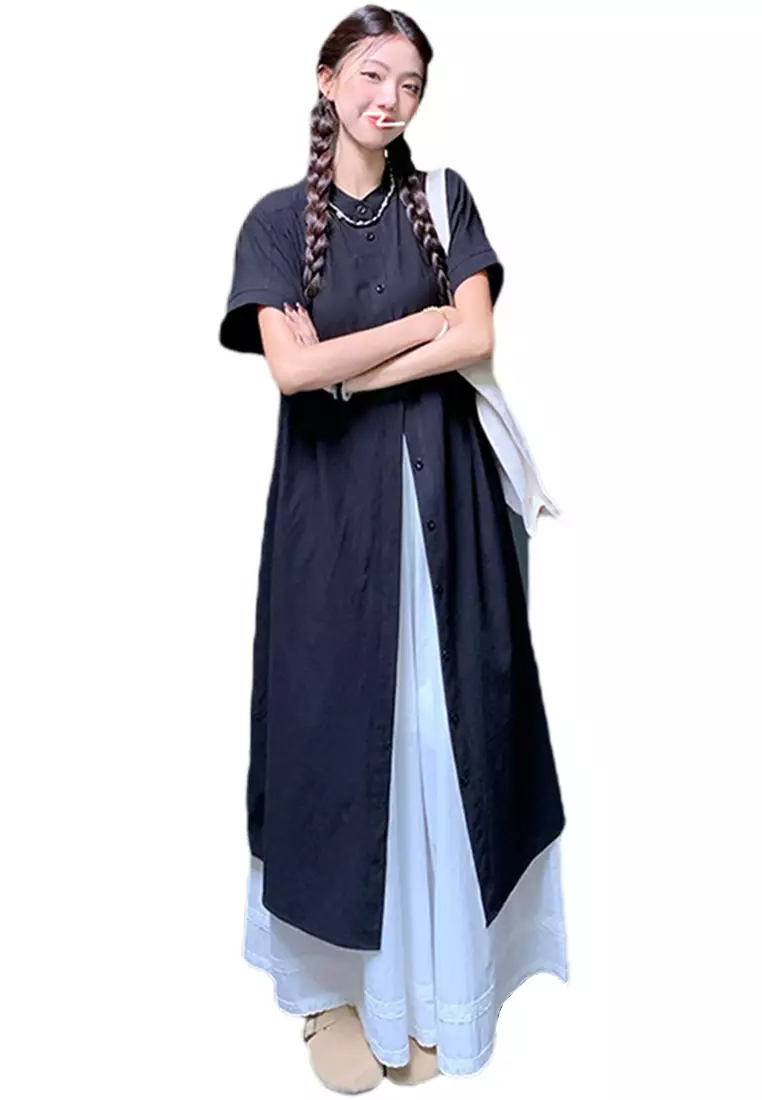 2024 Versatile Loose Retro Slim Long Shirt Lace Panel Pants CA24061809BK