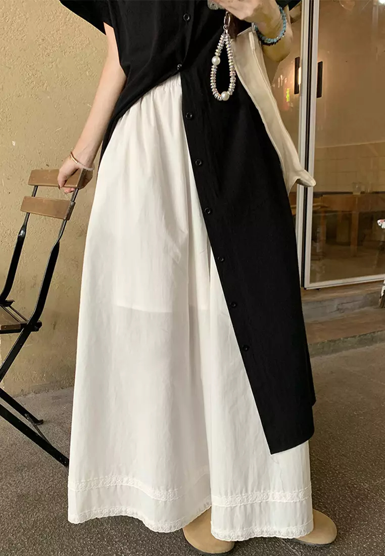 2024 Versatile Loose Retro Slim Long Shirt Lace Panel Pants CA24061809BK