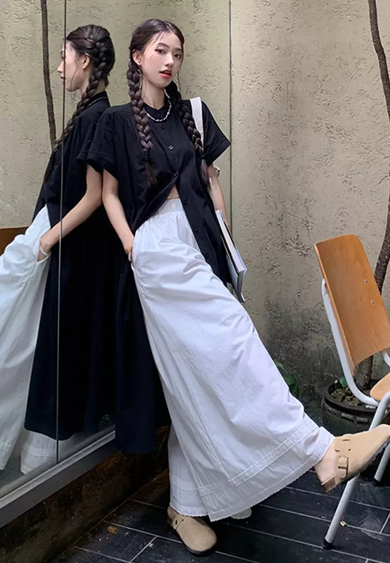 2024 Versatile Loose Retro Slim Long Shirt Lace Panel Pants CA24061809BK