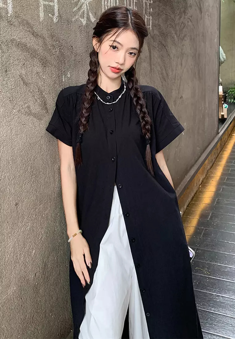 2024 Versatile Loose Retro Slim Long Shirt Lace Panel Pants CA24061809BK