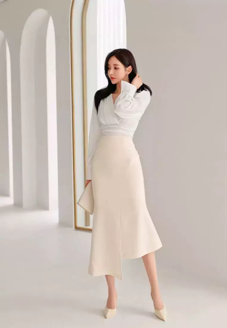 New temperament V-neck puff sleeve top high waist fishtail skirt two-piece dress suit K100307