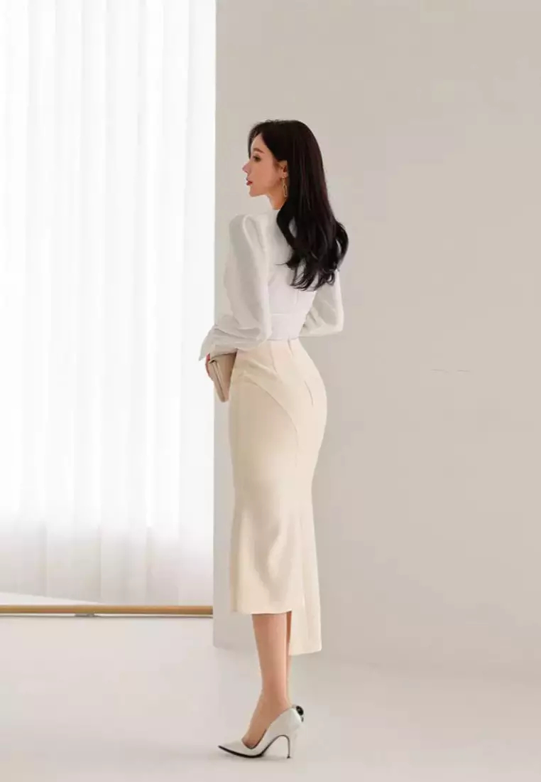 New temperament V-neck puff sleeve top high waist fishtail skirt two-piece dress suit K100307