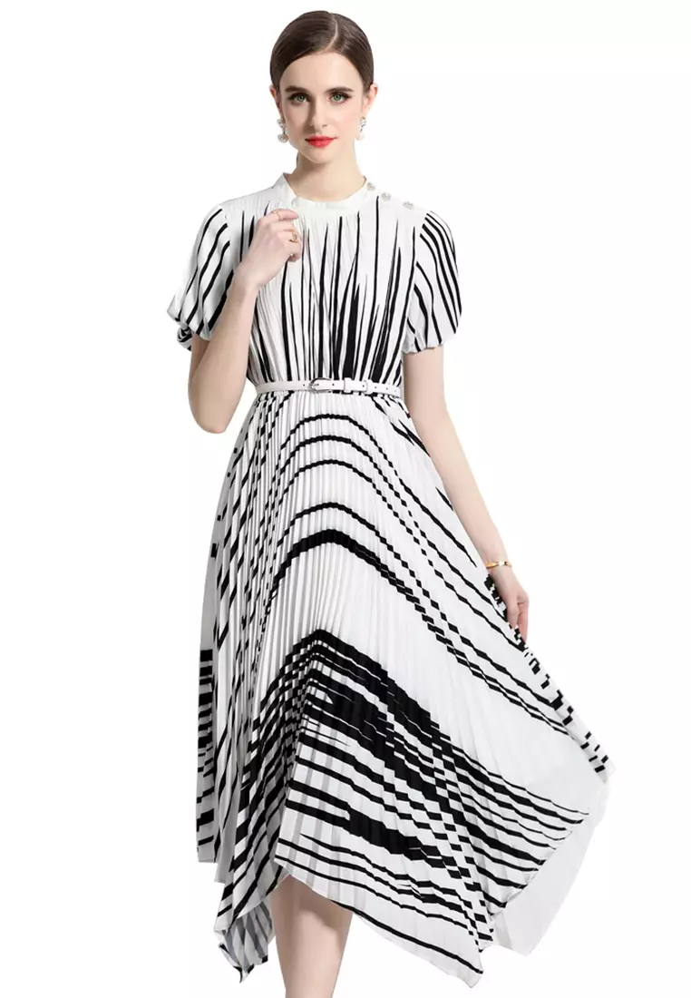 French high end buttoned striped printed pleated dress CA100515