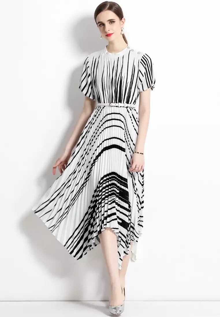 French high end buttoned striped printed pleated dress CA100515