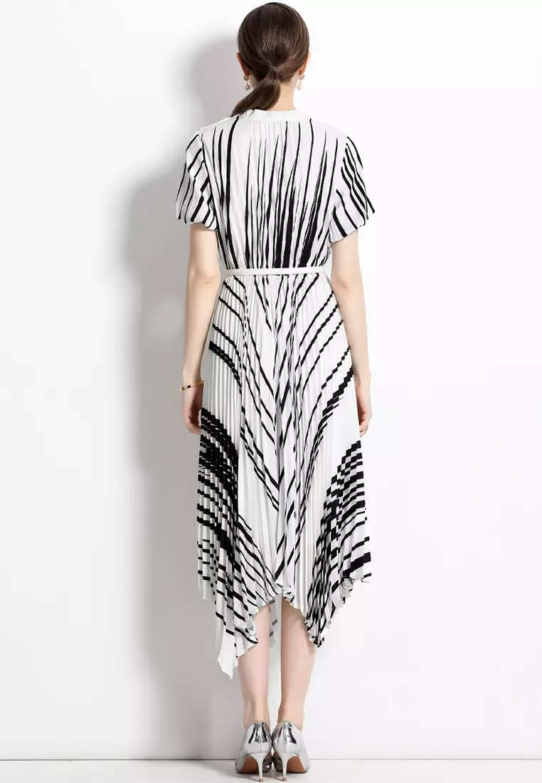 French high end buttoned striped printed pleated dress CA100515