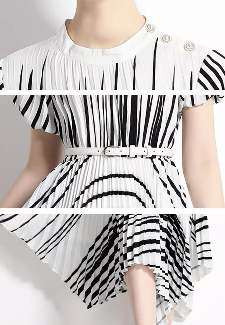 French high end buttoned striped printed pleated dress CA100515