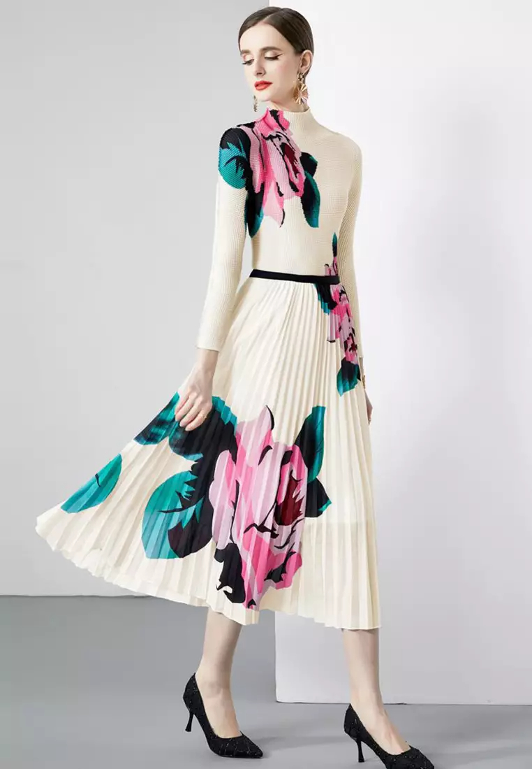 2024 Retro Printed Pleated Half Dress Set of Two CA080731