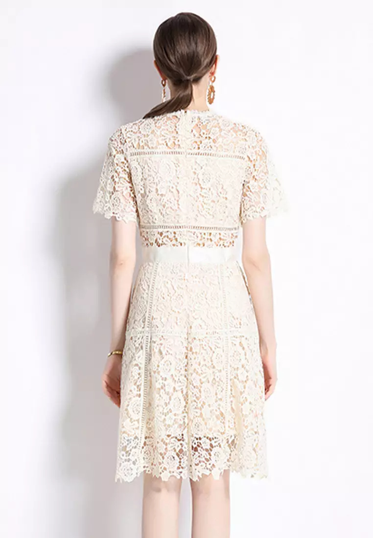 Elegant cream Beige lace hollow lace dress CA100538