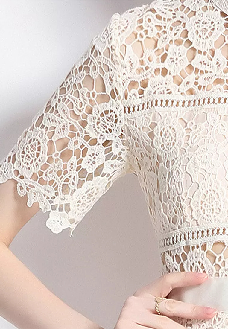 Elegant cream Beige lace hollow lace dress CA100538