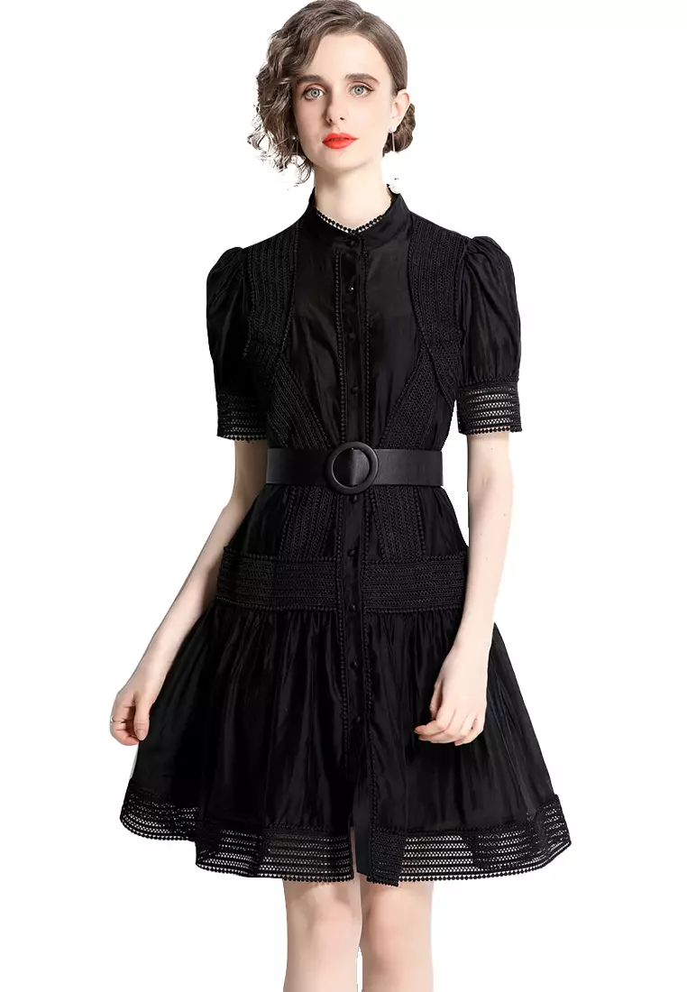 Lace Stitching Stand Collar Waist One-Piece Dress A22050707