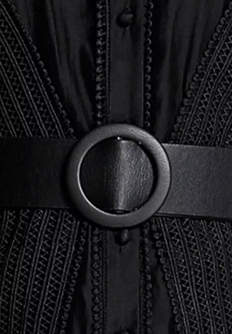 Lace Stitching Stand Collar Waist One-Piece Dress A22050707