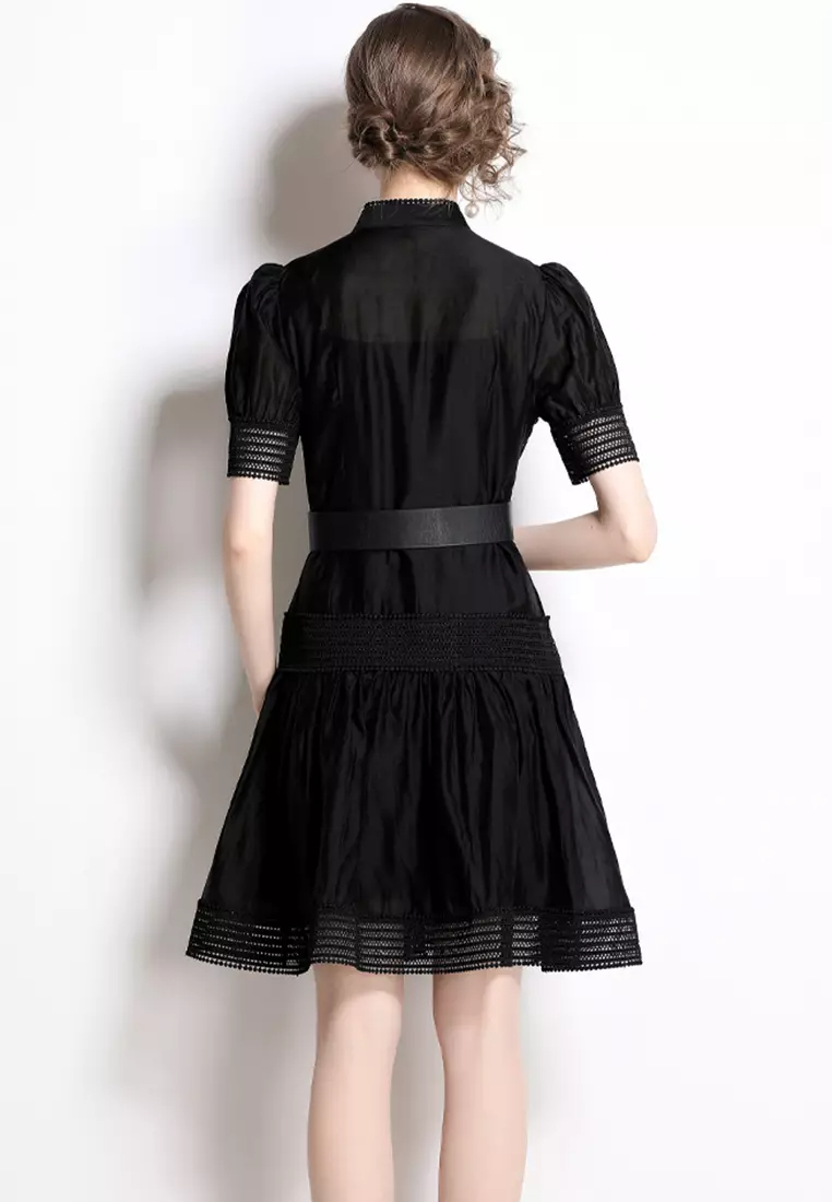 Lace Stitching Stand Collar Waist One-Piece Dress A22050707