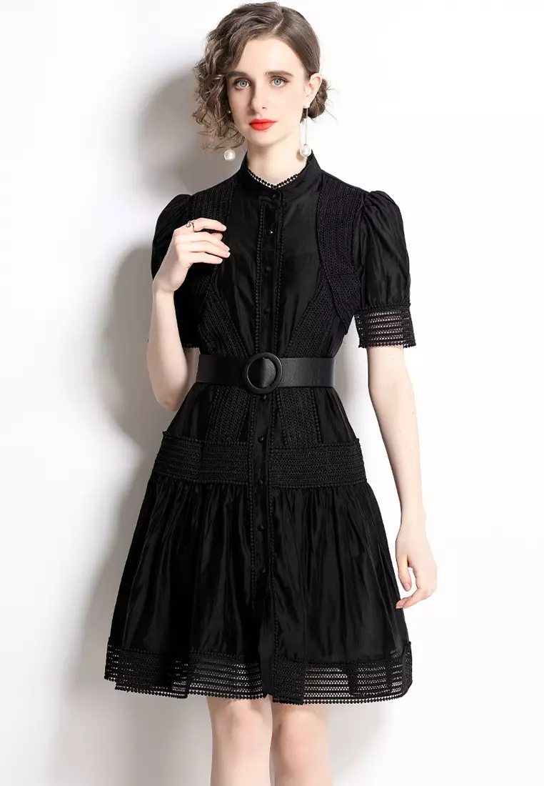 Lace Stitching Stand Collar Waist One-Piece Dress A22050707