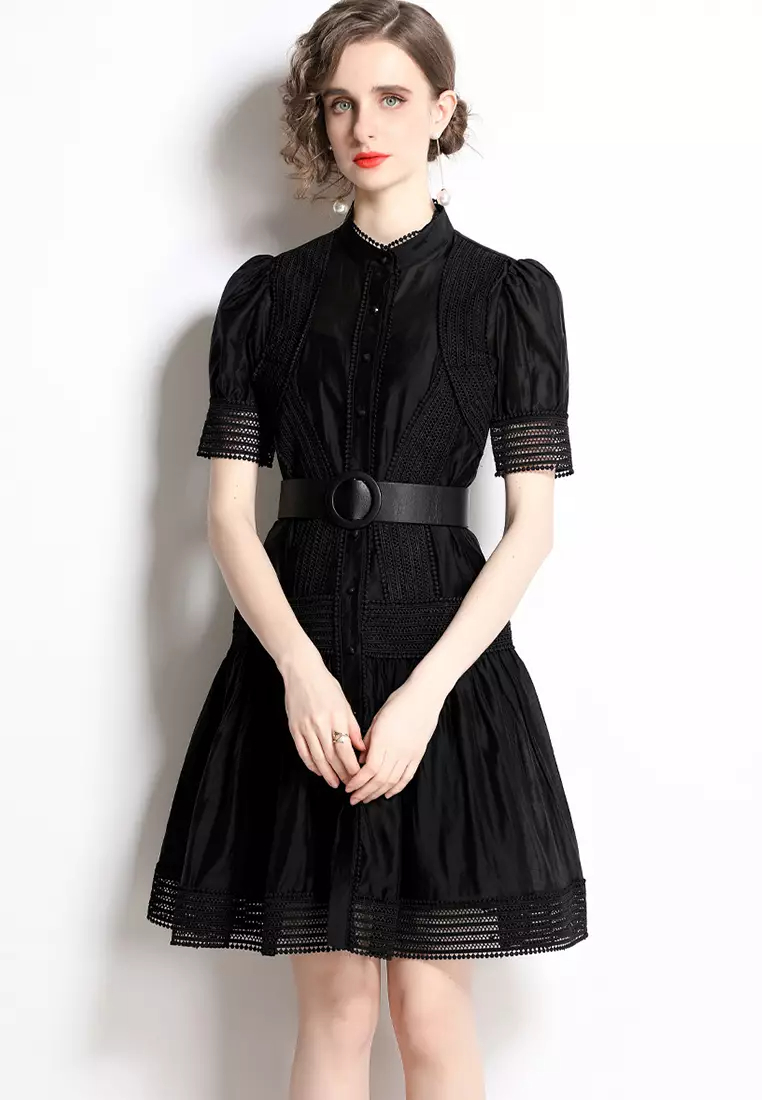 Lace Stitching Stand Collar Waist One-Piece Dress A22050707