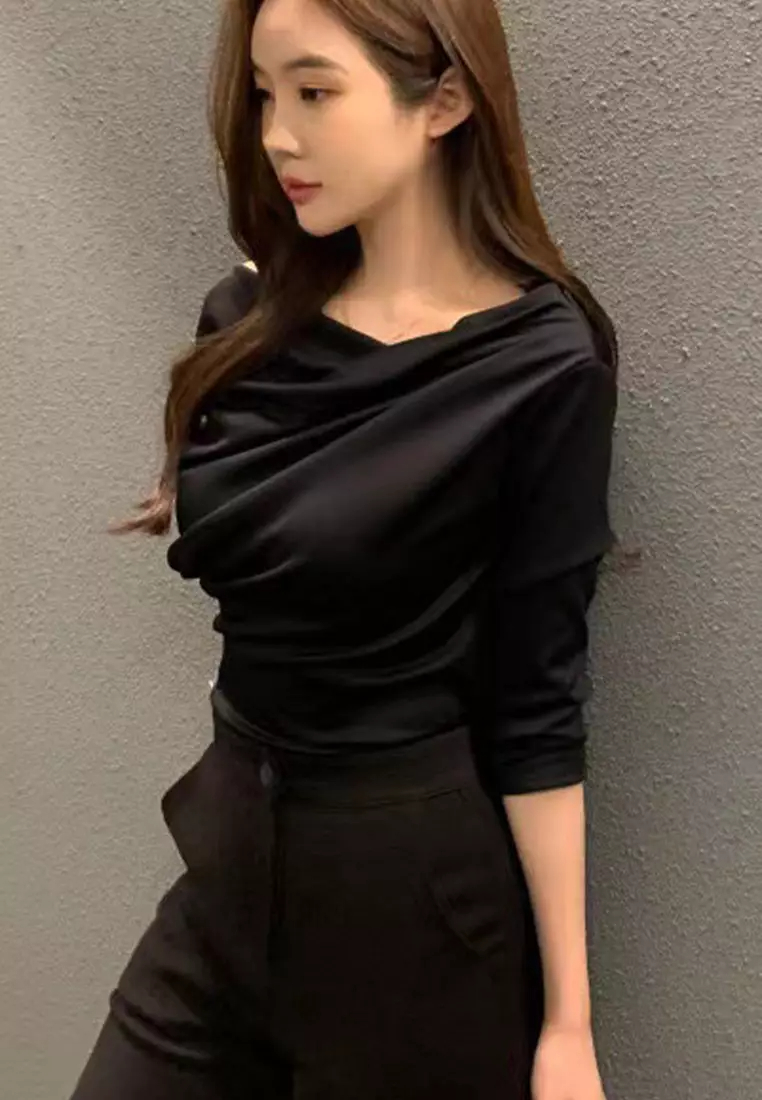 New temperament pleated collar three-quarter sleeve top K092704-BE