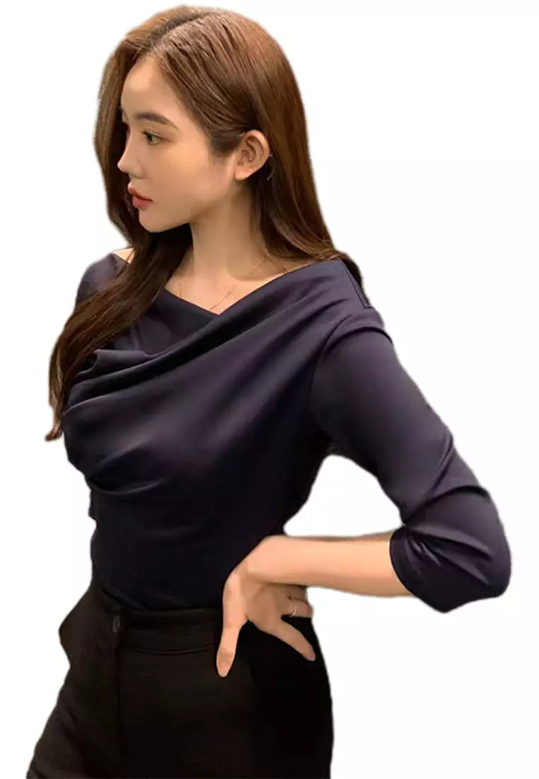New temperament pleated collar three-quarter sleeve top K092704-BE