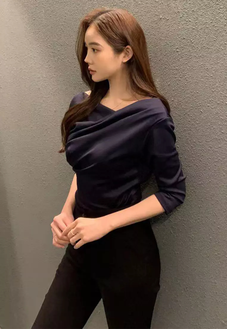 New temperament pleated collar three-quarter sleeve top K092704-BE