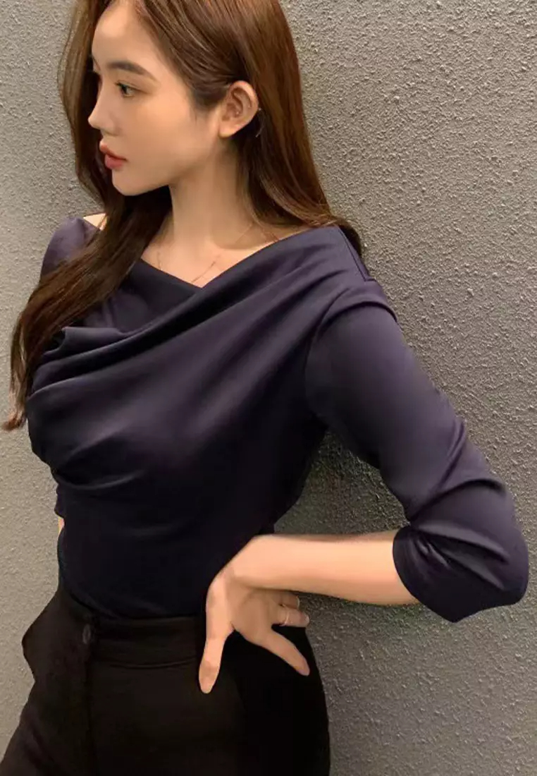 New temperament pleated collar three-quarter sleeve top K092704-BE