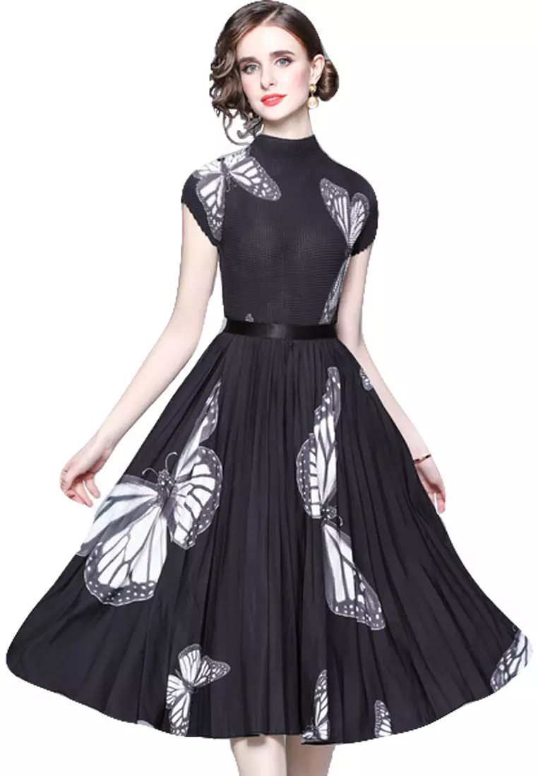 emperament Exquisite Printed Waist Pleated One-Piece Dress A23022405BK-M