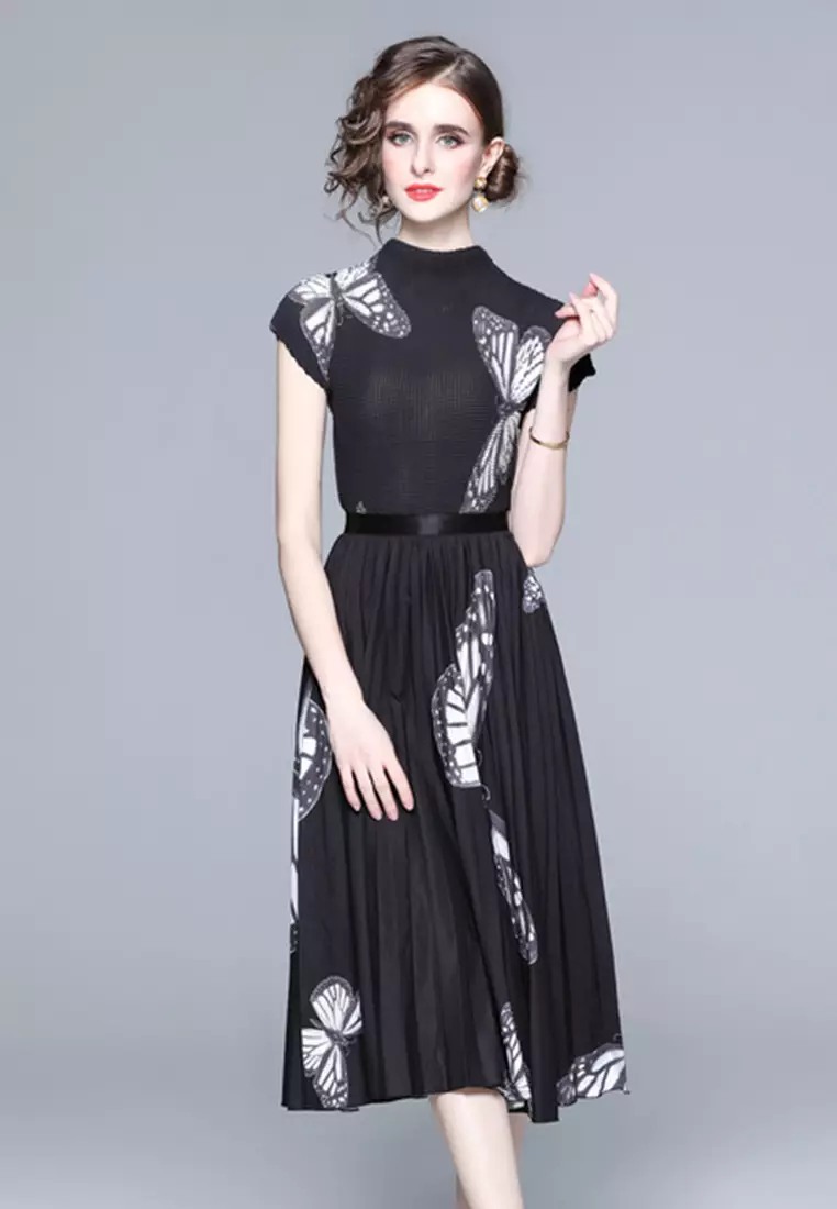emperament Exquisite Printed Waist Pleated One-Piece Dress A23022405BK-M