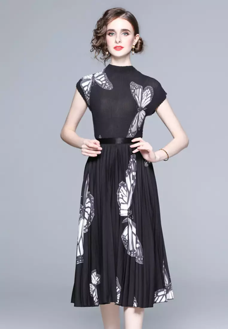 emperament Exquisite Printed Waist Pleated One-Piece Dress A23022405BK-M
