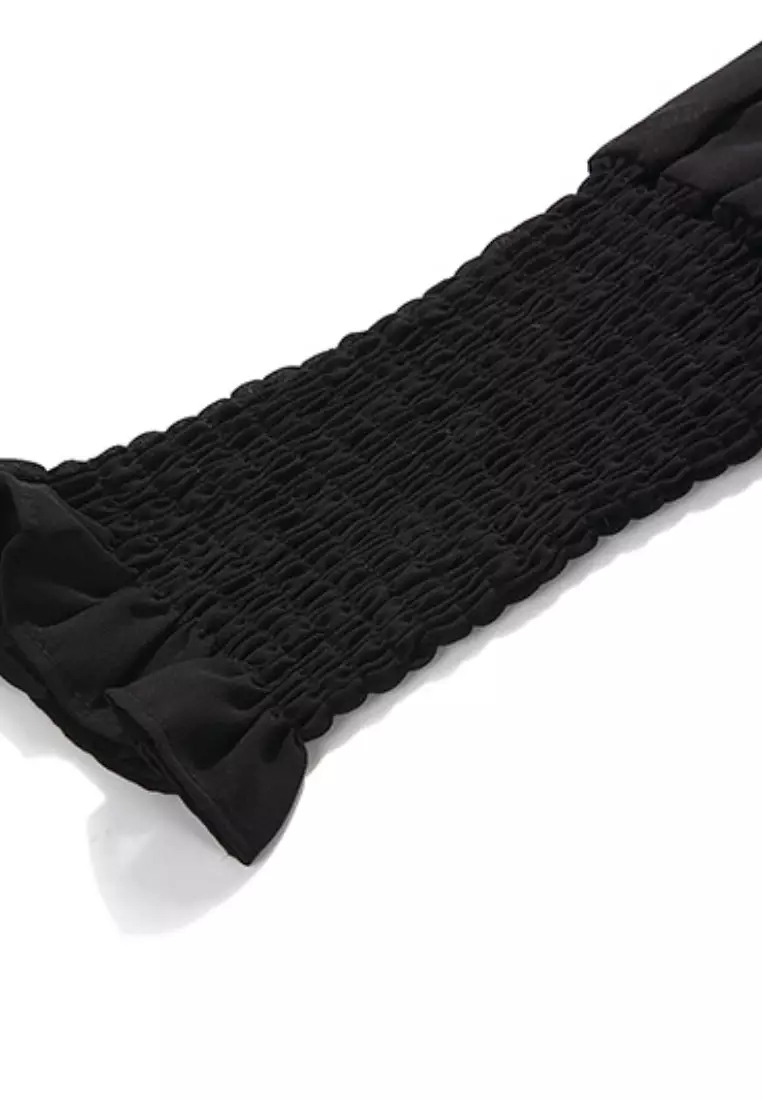 New elegant long-sleeved lace embroidered deep V black dress K100302