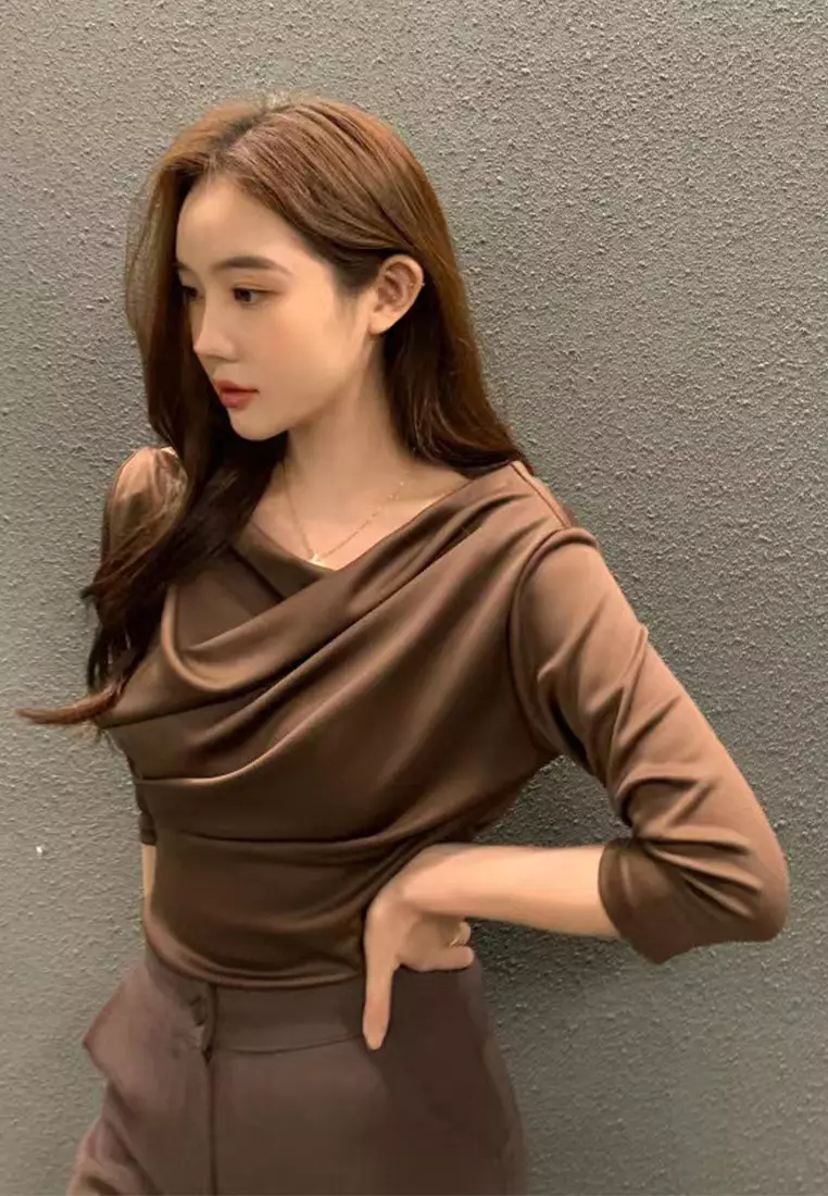 New temperament pleated collar three-quarter sleeve top K092704-BE