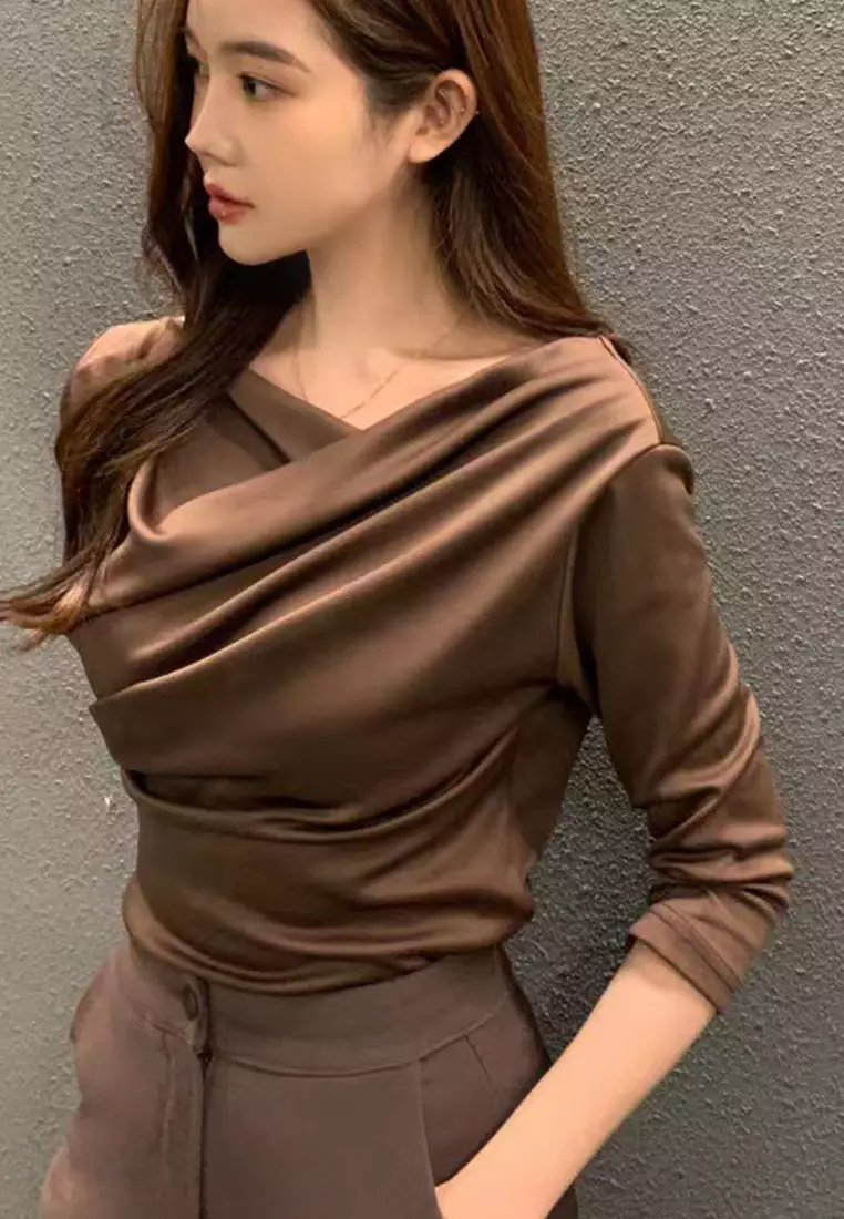 New temperament pleated collar three-quarter sleeve top K092704-BE