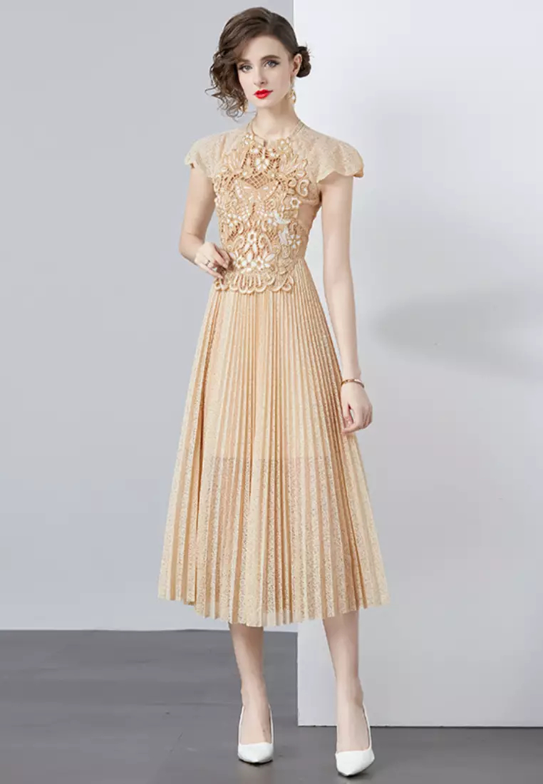 2024 new emperament lace stitch Pleated retro dress K071508