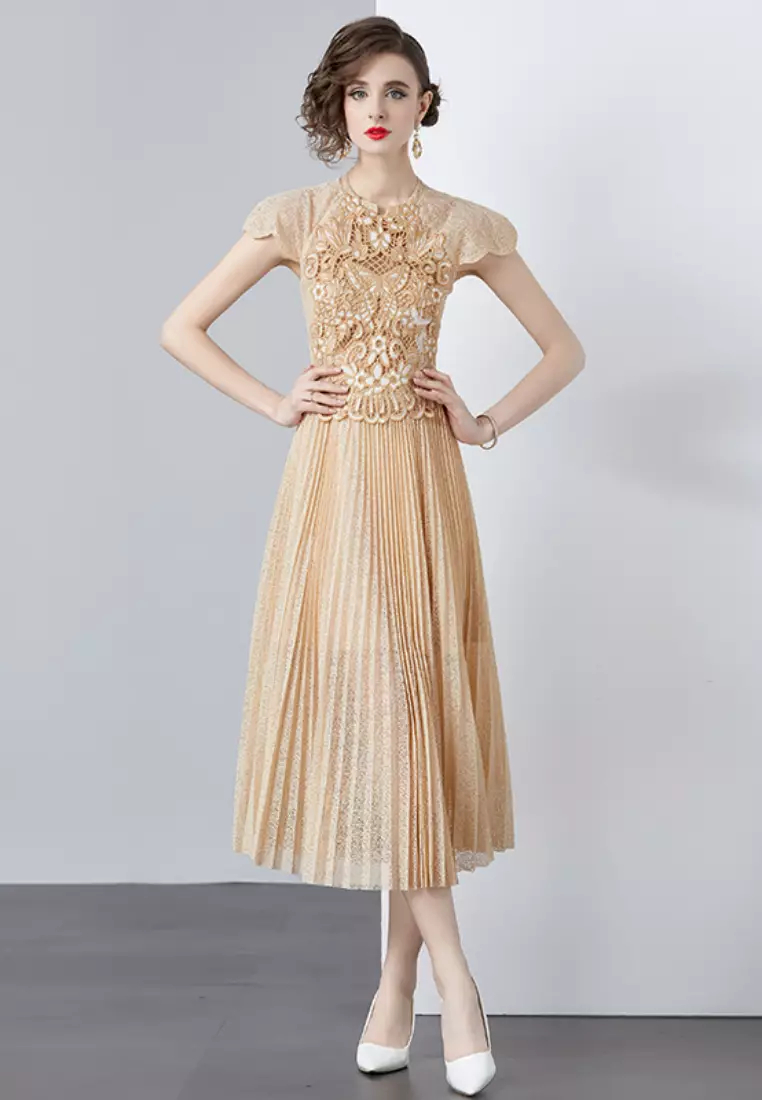 2024 new emperament lace stitch Pleated retro dress K071508