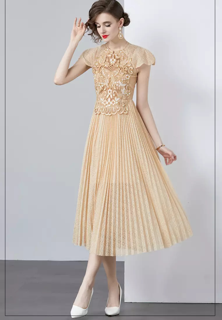 2024 new emperament lace stitch Pleated retro dress K071508