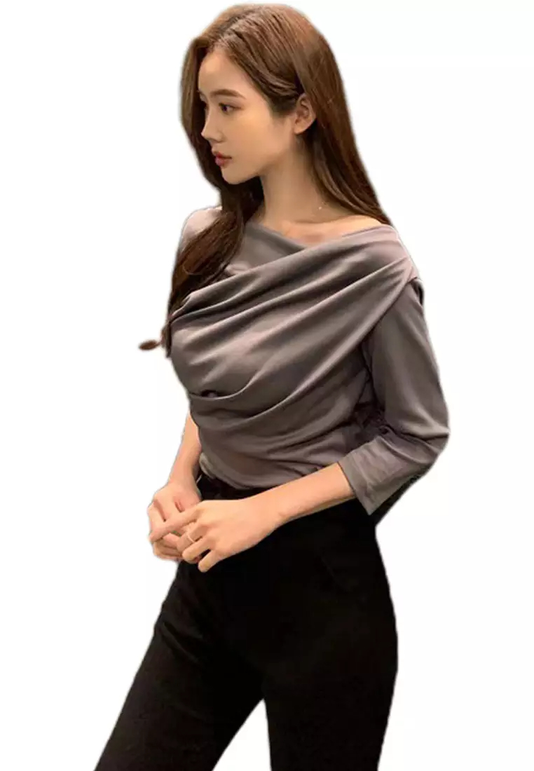 New temperament pleated collar three-quarter sleeve top K092704-BE