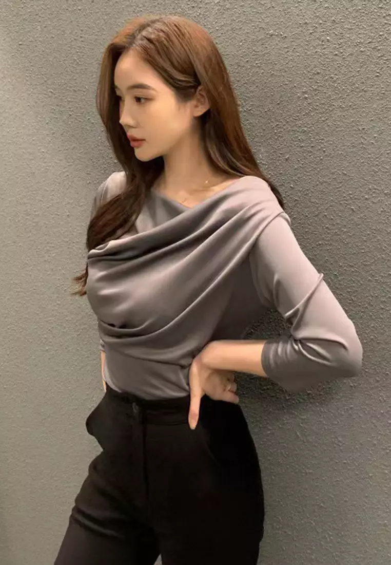New temperament pleated collar three-quarter sleeve top K092704-BE